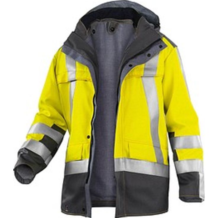 KÜBLER® unisex Warnjacke PSA SAFETY X8, warngelb-anthrazit, Größe XL, atmungsaktiv, wasser- und winddicht, mit abnehmbarer Kapuze und reflektierenden Details