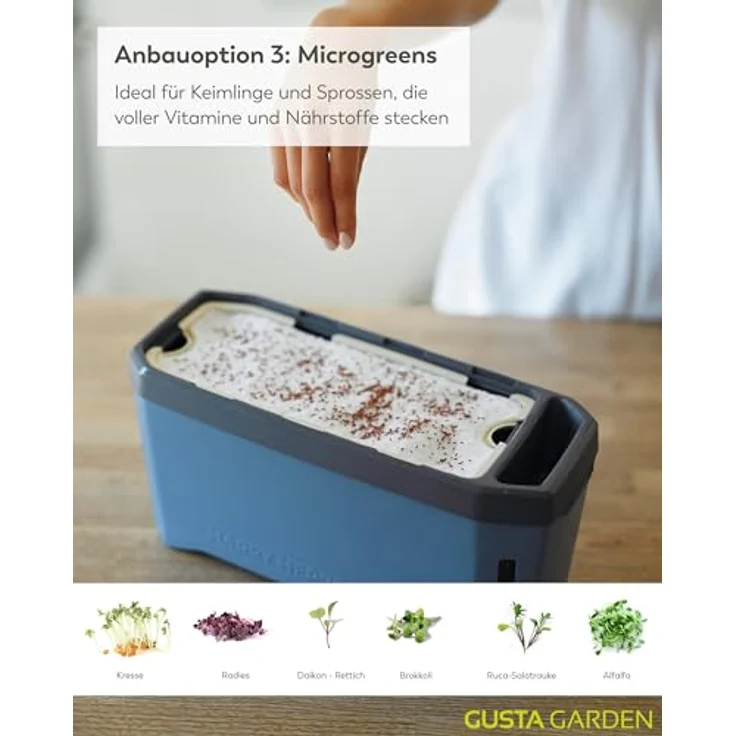 Gusta Garden HARRY HERBS Anzuchttopf, 4 in 1 Kräutertopf mit Wasserreservoir und Wasserstandsanzeige, blau mit Anzuchthaube – Bild 5