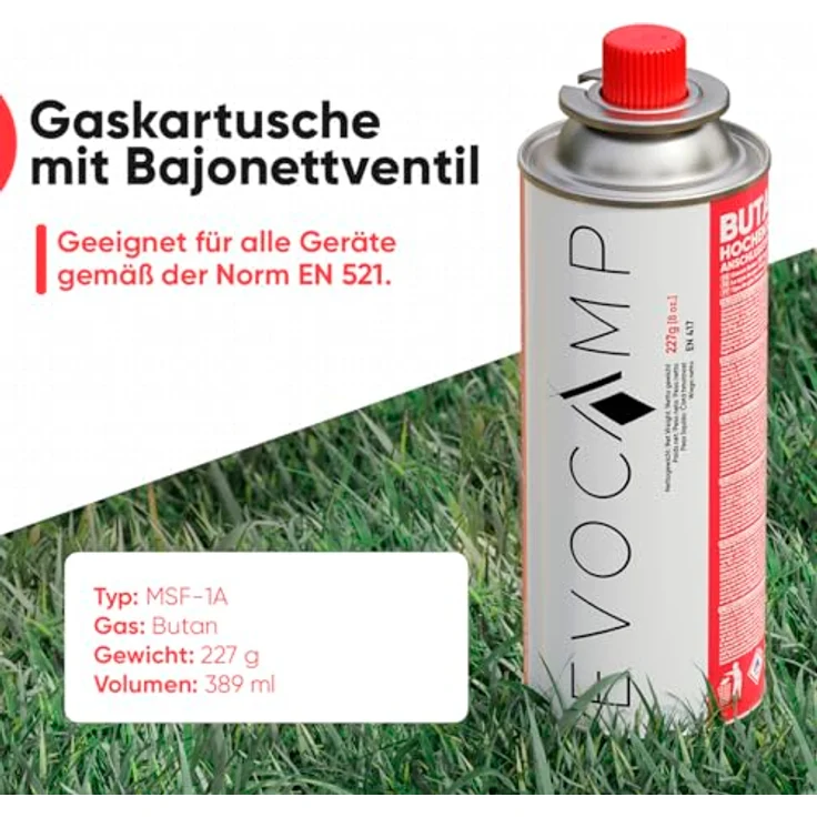 EVOCAMP Butan Gaskartuschen MSF-1a, 4er Pack à 227g für Campingkocher, Gasheizung und Grill, universell einsetzbar – Bild 2