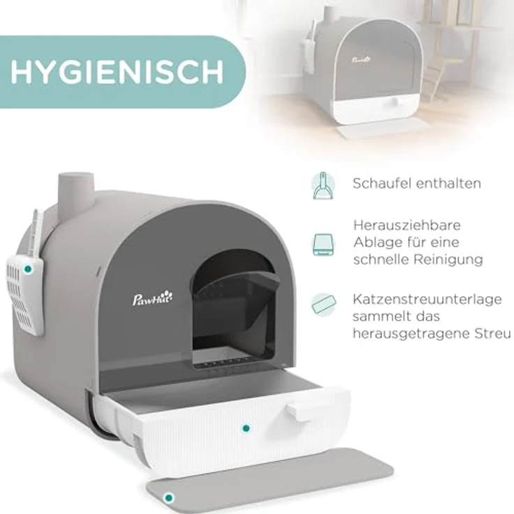 PawHut Katzentoilette Toilette mit Haube für Katzen bis 5 kg Katzenklo mit Deckel inkl. Schaufel ausziehbares Tablett Katzenstreu Matte Kunststoff Grau 43 x 44 x 47 cm – Bild 3