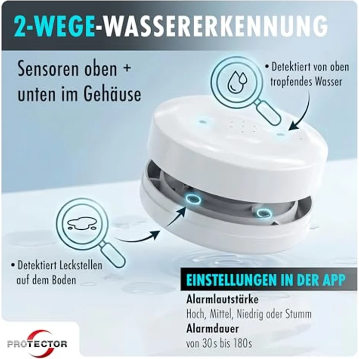 PROTECTOR Wasseralarm WA-3 WiFi, kompakter Wassermelder mit App-Benachrichtigung, detektiert Fuß- und Tropfwasser, batteriebetrieben – Bild 3
