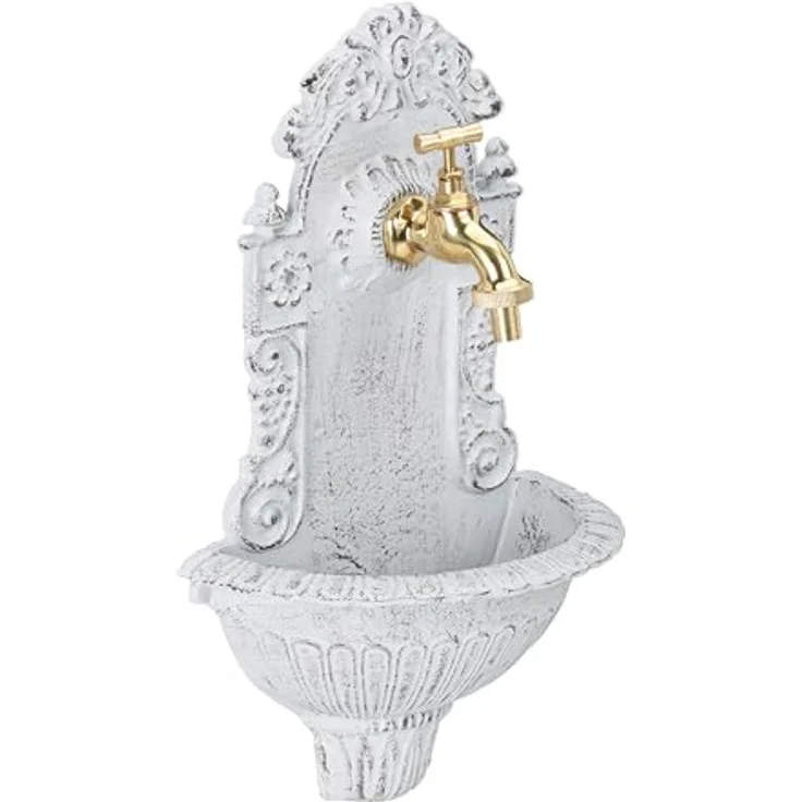 relaxdays Gartenbrunnen Wandbrunnen antik, Weiß, dekoratives Gartenwaschbecken aus Aluminiumguss mit 3/4 Zoll Wasseranschluss – Bild 1