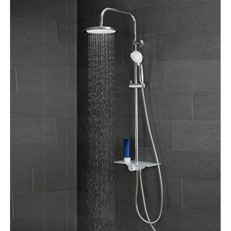 SCHÜTTE AQUASTAR Duschset Regendusche mit Ablage, Duschsystem mit 5-fach verstellbarer Handbrause, Duschsäule mit Duschkopf, Duschset in Chrom/Weiß – Bild 1
