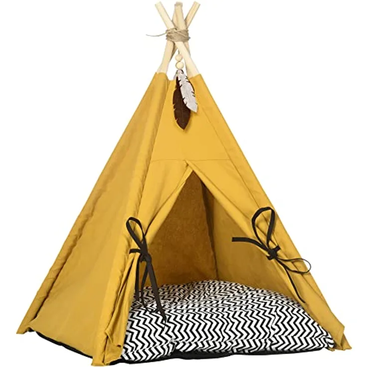 PawHut Tipi-Zelt für Haustiere, Tierbett im Tipi-Design, Katzenzelt mit Kissen, Katzenhaus mit rutschfestem Boden Spielball, Hundebett zum schlafen, Katzenbett, Kiefernholz, Indoor, Gelb