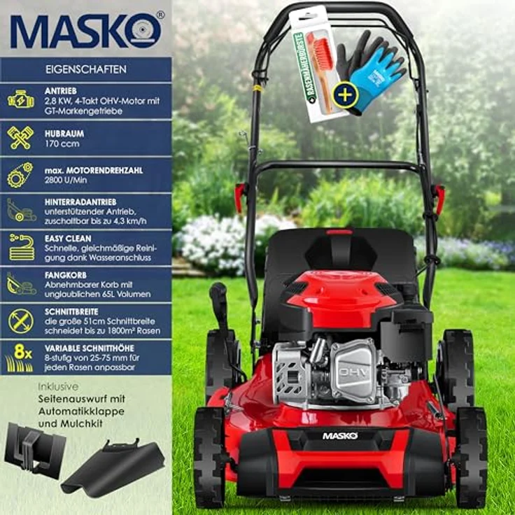 MASKO Benzin Rasenmäher 5in1 Radantrieb EasyClean Reinigungsfunktion Mulchfunktion Seitenauswurf hohe Schnittbreite 8-fache Schnitthöhenverstellung, 4 Takt Motor, inkl. Fangkorb Rot - Schwarz, Schnittbreite 51cm - Preisvergleich – Bild 2