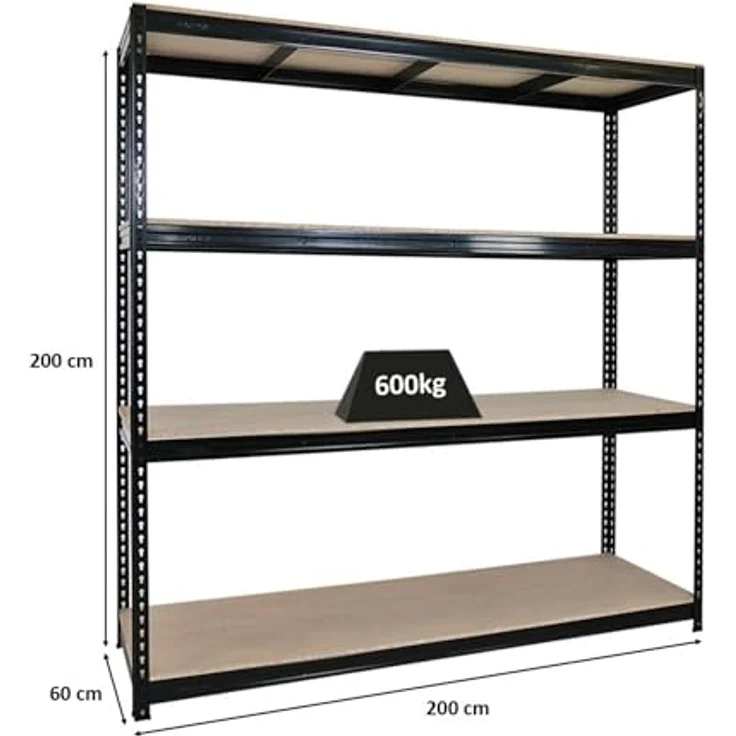Proregal Schwerlastregal BISON, Traglast 600 kg pro Boden, 4 Fachböden, 200 x 200 x 60 cm, schwarz – Bild 2
