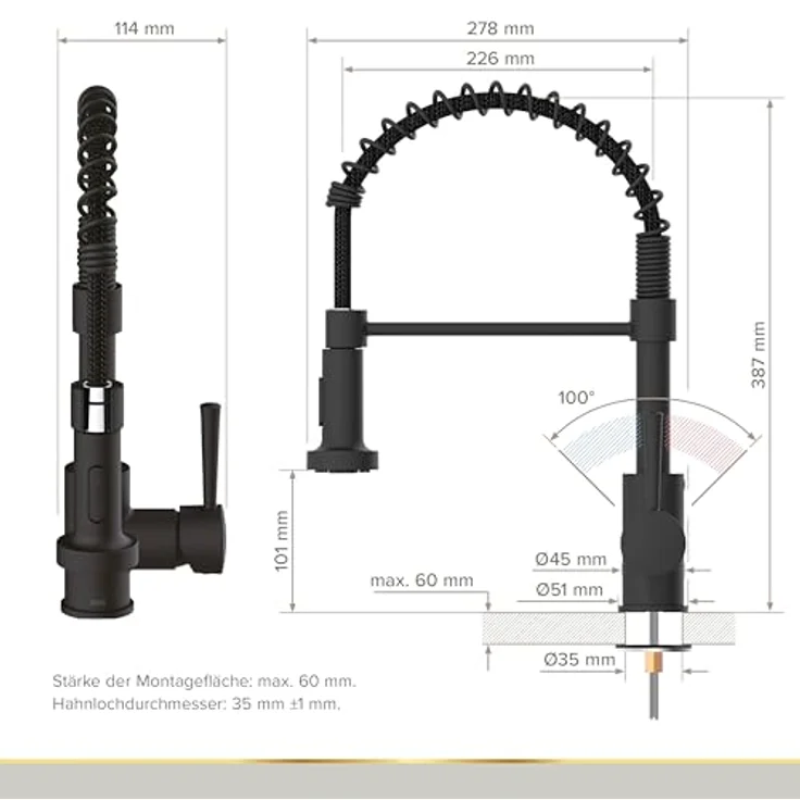 Lenz Küchenarmatur NOVA, Nickelfrei, Anti-Fingerabdruck Oberfläche, Schwarz-matt, Flexible Pendelbrause mit 2 Strahlarten – Bild 3