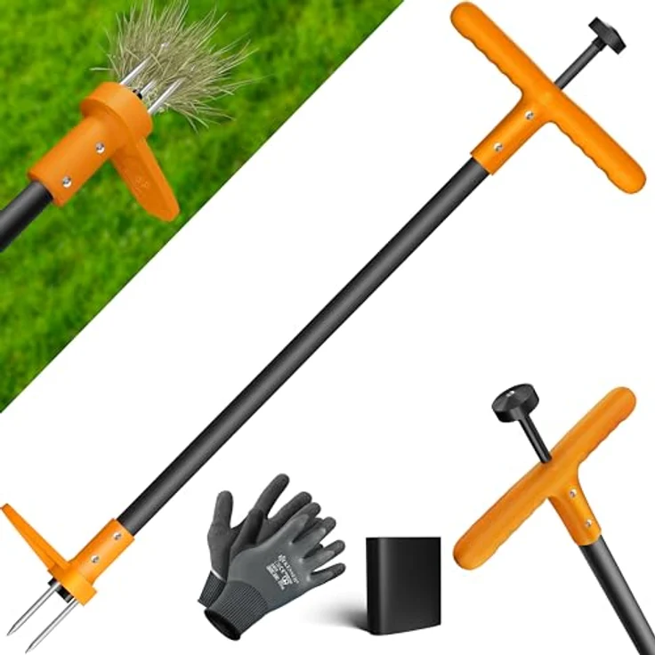 KESSER® Unkrautstecher mit Stiel, ergonomischer Unkrautentferner mit T-Griff & Fußpedal, 3 Stahlzähne & Sprungfeder, inklusive Handschuhe & Schutzkappe – Bild 1