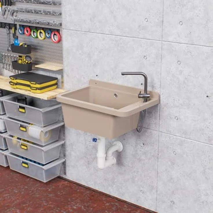 QLS Küchenspüle Gradia, Kunststoff-Spülbecken mit Siphon, 50 x 34 cm, für draußen und Werkstatt, weiß – Bild 5