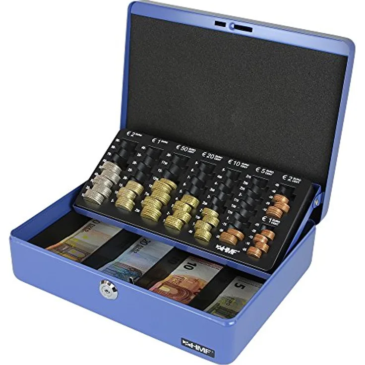 HMF 10015-05 Geldkassette Geldzählkassette 30 x 24 x 9 cm, Blau, mit Euro-Münzeinsatz und Sicherheitszylinderschloss