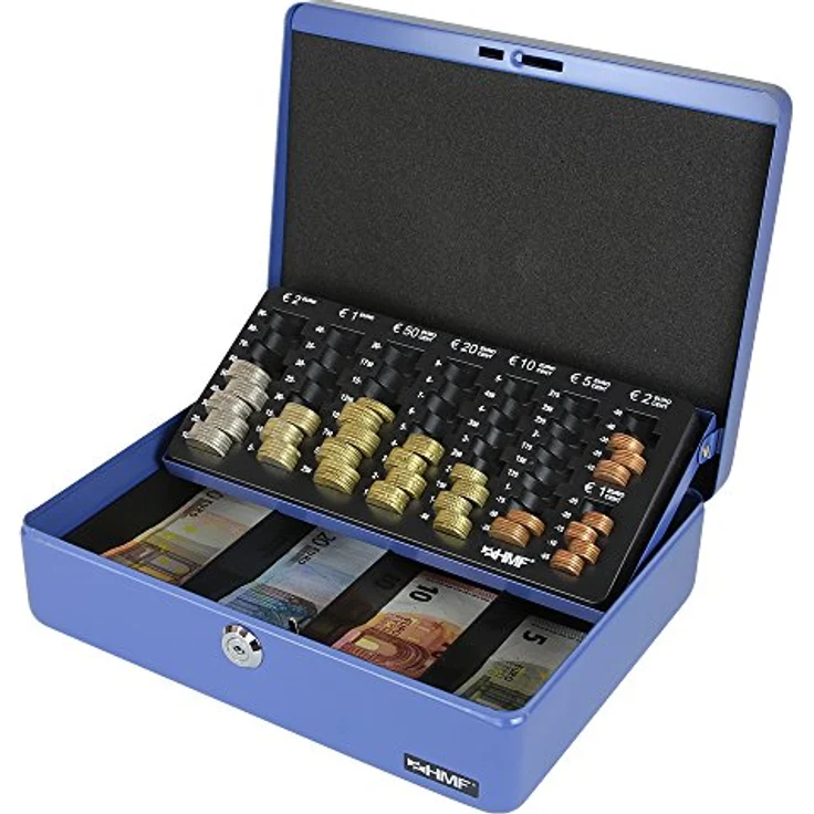 HMF 10015-05 Geldkassette Geldzählkassette 30 x 24 x 9 cm, Blau, mit Euro-Münzeinsatz und Sicherheitszylinderschloss – Bild 1