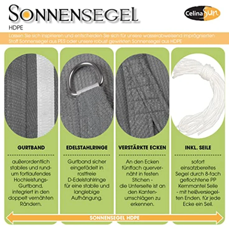 CelinaSun Sonnensegel inkl Befestigungsseile Premium HDPE wetterbeständig atmungsaktiv Dreieck gleichseitig 3 x 3 x 3 m anthrazit – Bild 2