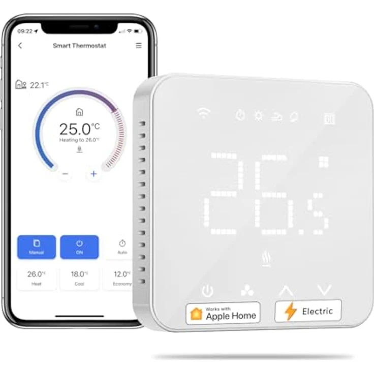 Meross Smart Elektrische Thermostat, WLAN Raumthermostat für Fußbodenheizung, kompatibel mit HomeKit, Alexa und Google, LED Touchscreen, Temperaturgenauigkeit 0.5℃, weiß – Bild 1