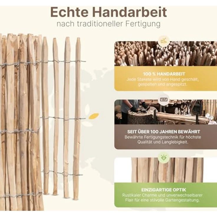 STILTREU Französischer Premium Staketenzaun Kastanie, 5 Meter lang, 150 cm hoch, Lattenabstand 4-5 cm, pflegeleicht und witterungsbeständig – Bild 2