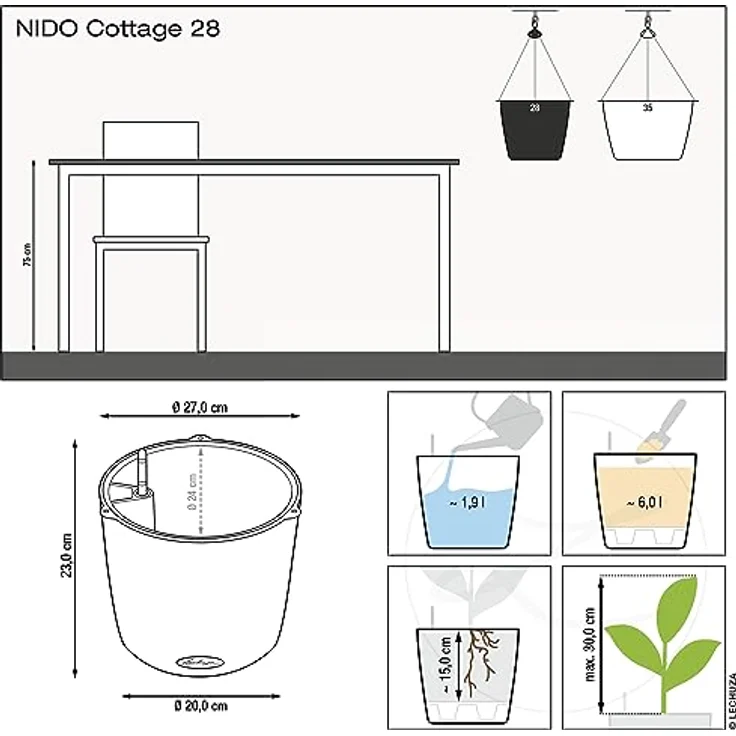 Lechuza 15193 Nido Cottage Blumenampel, Hochwertiger Kunststoff, Inkl. Bewässerungssystem und Edelstahlaufhängung, Für Innen- und Außenbereich, granit – Bild 5