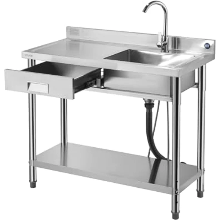 VEVOR Edelstahl Spültisch mit Einzelbecken, Wasserhahn & Schublade, 100 x 50 x 94 cm, für Garage, Restaurant und Wäscherei, Arbeitsplatte links – Bild 9