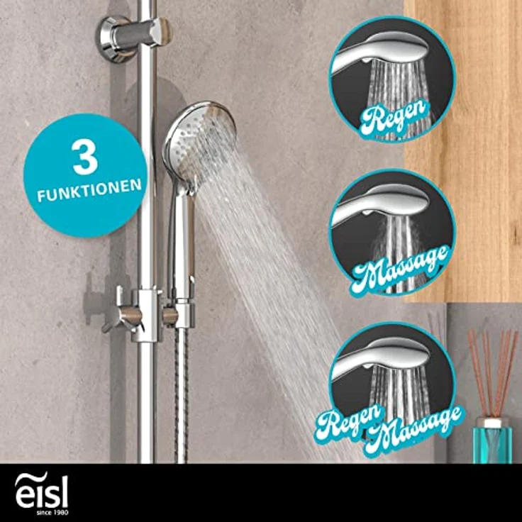EISL DX12009 Duschset zum Kleben, Duschgarnitur mit Regendusche, Überkopfbrauseset ohne Bohren, Duschsystem ohne Armatur, Duscharmatur mit Regenwalddusche und Handbrause mit 3 Strahlarten, Chrom – Bild 3