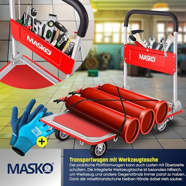 MASKO Klappbarer Plattformwagen, Transportwagen mit robustem Stahlrahmen, 150 Kg Tragkraft inklusive Arbeitshandschuhe – Bild 4