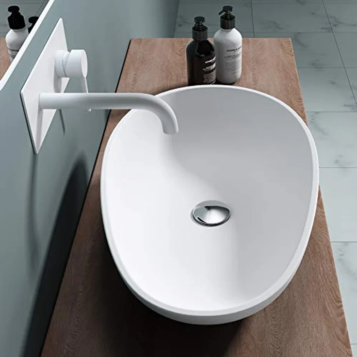 doporro Aufsatzwaschbecken Weiß matt oval Colossum809 BTH: 59,8x36x14 cm Mineralguss Waschbecken ohne Armaturloch – Bild 3