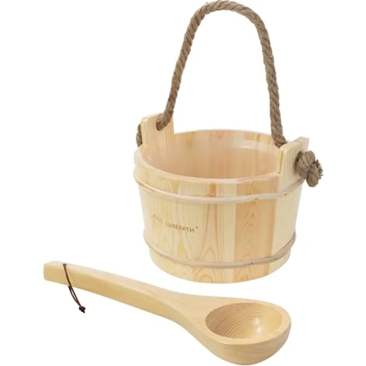 LuxeBath Saunazubehör-Set, 2-tlg. Aufgusskübel aus Kiefernholz mit PVC-Einsatz, 4L Saunaeimer mit Seilgriff & Schöpfkelle, langlebiges Wassereimer Zubehör
