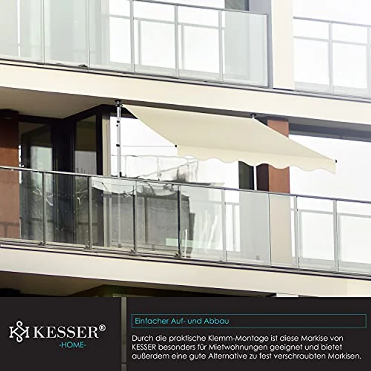 KESSER® Klemmmarkise mit Handkurbel Balkon, Balkonmarkise ohne Bohren, UV-beständig höhenverstellbar wasserabweisend, Sonnenschutz, Terrassenüberdachung, einfache Montage 150cm – Bild 5