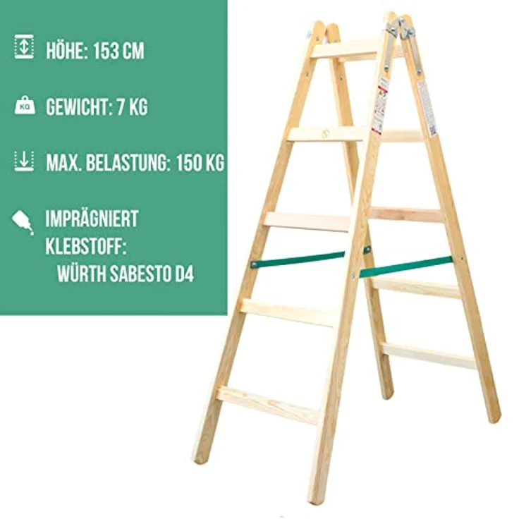 Holzleiter Standard 2x5 Stufen 150kg klappbare Malerleiter Klappleiter Doppelstufenleiter mit Eimerhaken – Bild 2