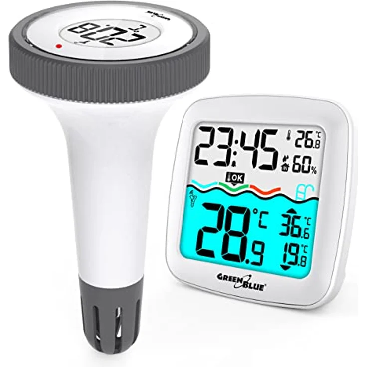 Greenblue GB216 Poolthermometer mit Wetterstation, DCF, kabelloser Wassertemperatursensor, Weiss, Grau – Bild 3
