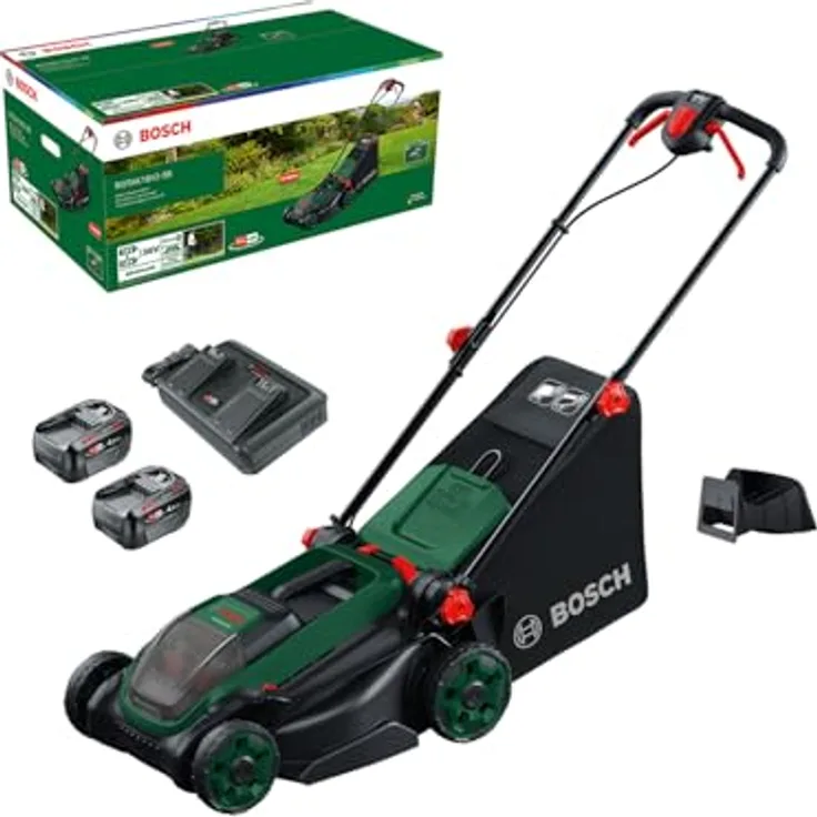 Bosch Akku-Rasenmäher Rotak18V2-38, 38 cm Schnittbreite, inkl. 2 x 18 V Akkus und Ladegerät, 3-in-1 Funktionalität und zentraler Schnitthöhenverstellung