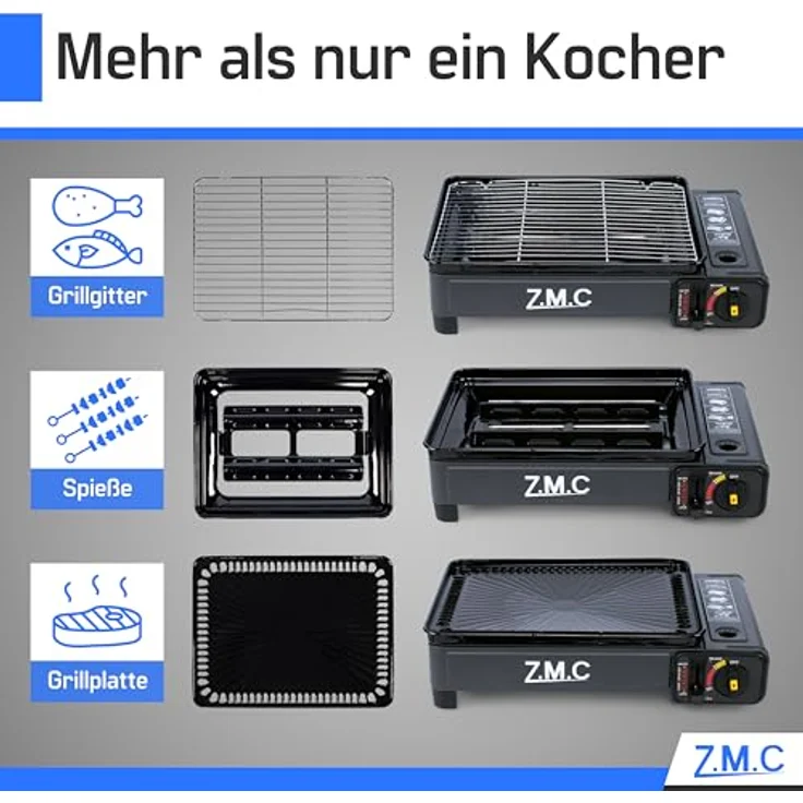 ZMC 2-in-1 Gaskocher + Gasgrill 2,2KW, inkl. Zubehör, Campingkocher mit Grillplatte + Grillrost, Tragekoffer, 3,8kg, Piezo-Zündung ohne Gaskartusche, schwarzes Design – Bild 5