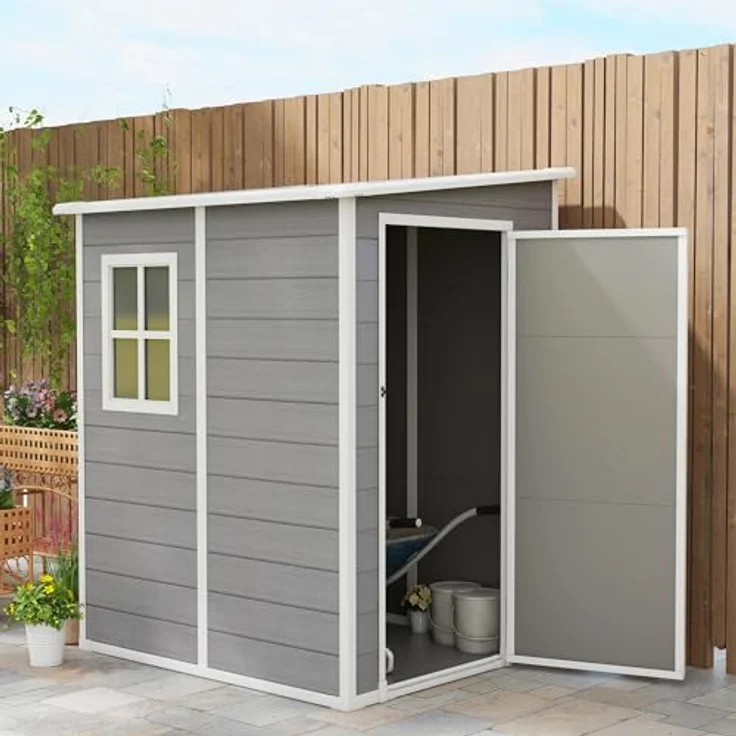 Outsunny Gerätehaus 1,54m³, Gartenhaus mit Pultdach, Aluminium Gartenschrank, Abschließbar Tür, Fenster, Grau – Bild 2
