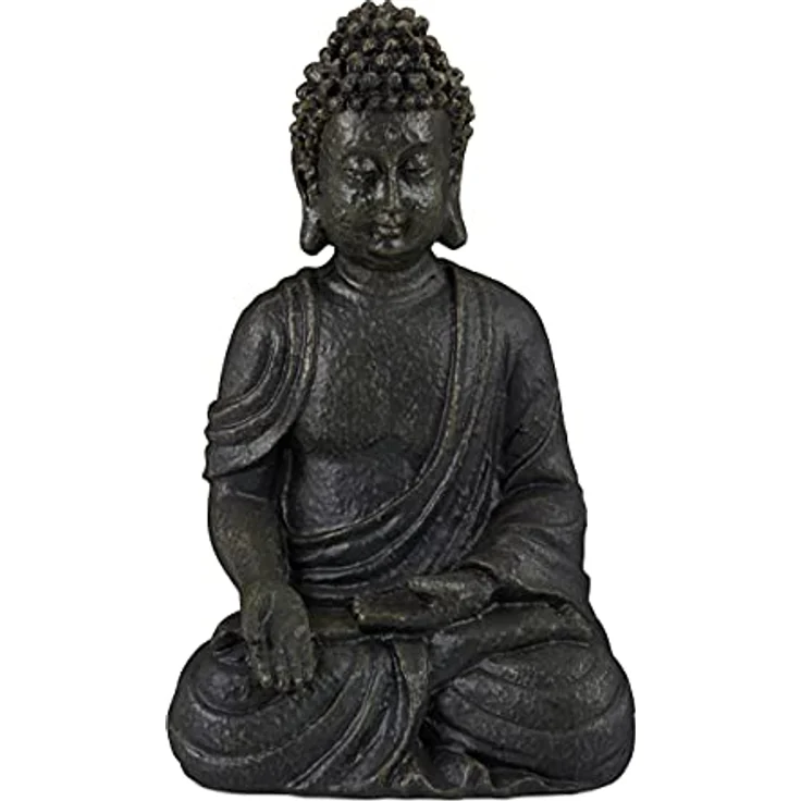 Relaxdays Buddha Figur sitzend, 30 cm, Gartenfigur, Dekofigur Wohnzimmer, Keramik, wetterfest, frostsicher, dunkelgrau – Bild 2