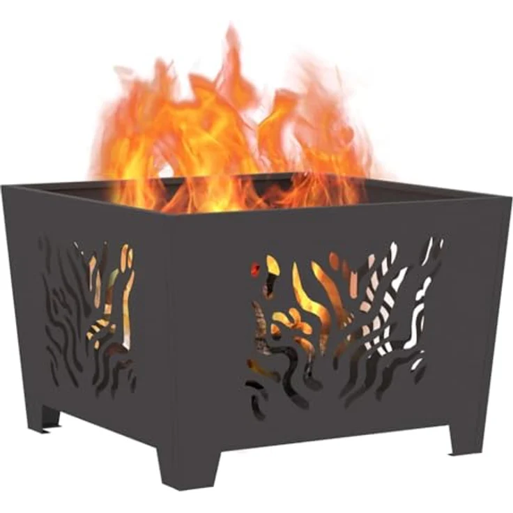 vidaXL Feuerstelle Schwarz, quadratischer Stahl-Outdoor-Feuerkorb 60 x 60 x 40 cm, hitzebeständig für Garten und Terrasse – Bild 1