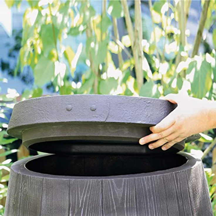 Prosperplast Regentonne Barrique 250 Liter in braun, UV- und witterungsbeständig mit kindersicherem Deckel und Messinggewinde – Bild 4