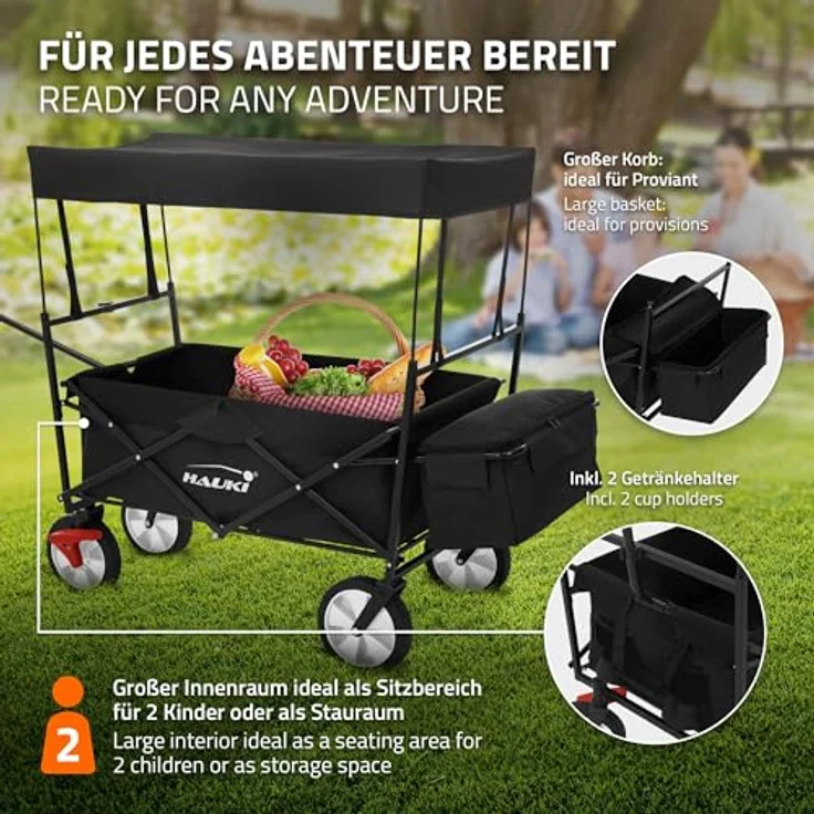 Hauki Bollerwagen L, faltbar mit abnehmbarem Dach, Schwarz, transportabel bis 80 kg, inkl. 2 Netztaschen, 1 Außentasche, Vorderrad-Bremse, 360° drehbare Reifen – Bild 5