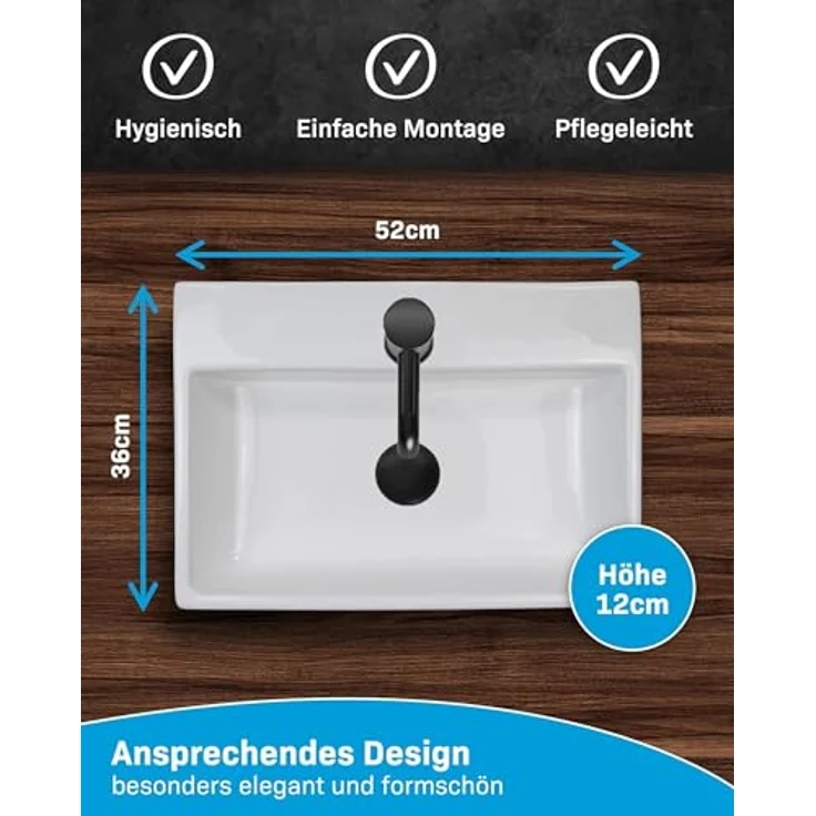 Alpenberger Waschbecken - Keramik Aufsatzwaschbecken Hängewaschbecken - Eleganter Waschplatz, schmutzabweisend & hygienisch mit Nano beschichtet, weiß – Bild 4