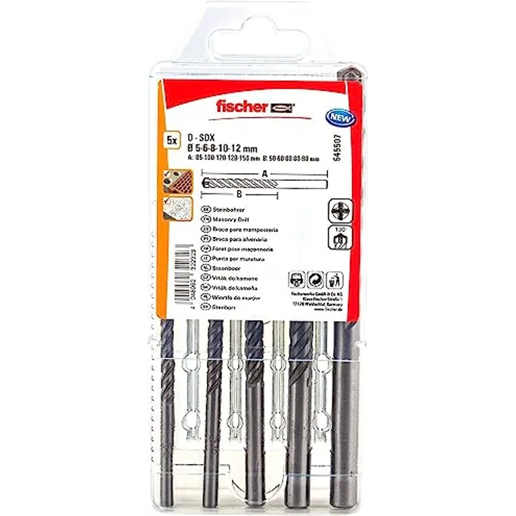 fischer Steinbohrer Set D-SDX, 5-teilig, Durchmesser 5 - 12 mm, Aufsätze für Schlag- und Drehbohren, hochwertiges Werkzeug für Stein und Mauerwerk