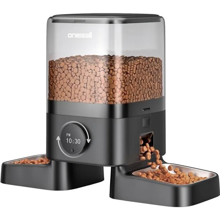 Oneisall Double Intelligent Feed Dispenser PF09, 5L Futterautomat mit doppeltem Futternapf, waschmaschinenfest, inkl. Typ-C-Kabel und Adapter