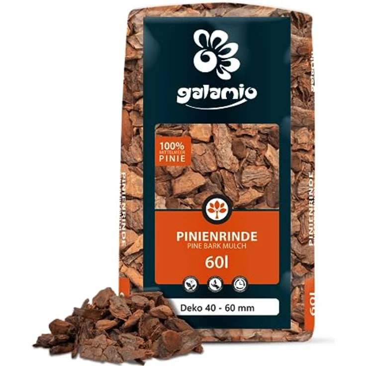 GALAMIO Pinienrinde Deko 40-60mm, 60l Sack Rindenmulch aus Mittelmeerkiefer für effektiven Unkrautschutz und dekorative Bodenabdeckung, rostrot – Bild 2