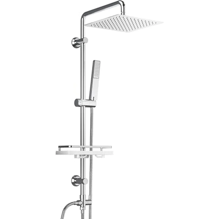 Görbach Regendusche Duschsystem, Wassersparend, Edelstahl Kopfbrause 20x20 cm Chrom, 92 cm Duschstange, bewegliche Wandhalterung, 3 Wege Umschaltventil, Edelstahl Schläuche – Bild 1