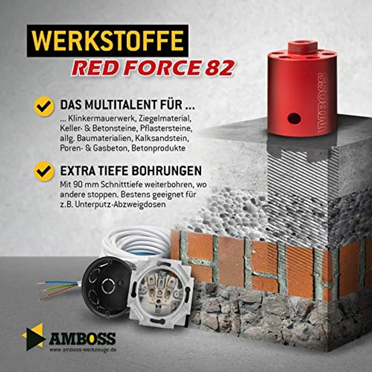 Diamant Dosensenker Ø 82 mm / M16 / DEX System / 90mm Nutzlänge inkl. Absaugung inkl. 6kant Aufnahme und Bohrer - Amboss Red Force Premium für Mauerwerk, Ziegel, Putz, abrasive Materialien – Bild 5