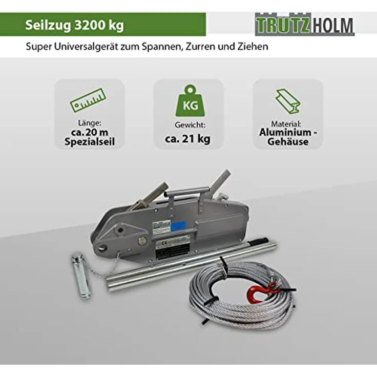 TRUTZHOLM Forstseilwinde 3200kg, 20m Spezialseil, teleskopierbare Betätigungsstange mit gummiertem Handgriff, Aluminiumgehäuse – Bild 2