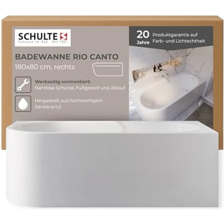 Schulte Badewanne Rio Canto, 180x80 cm Sanitäracryl Weiß mit Fußgestell, Schürze und Pop-Up Ablauf