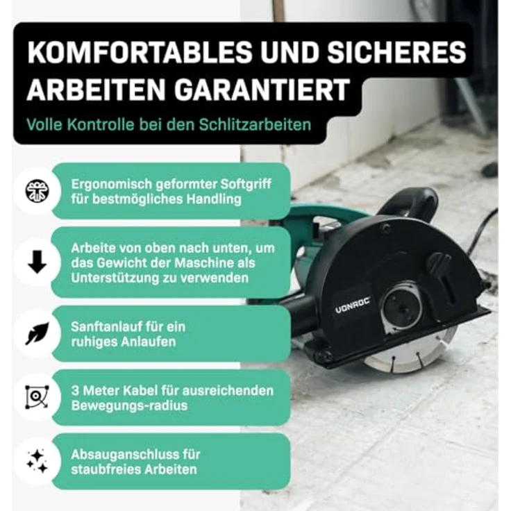 VONROC Mauernutfräse Schlitzfräse 1700 W - 150 mm Komplettset mit 4 Stück Diamantscheiben und Aufbewahrungstasche – Bild 7