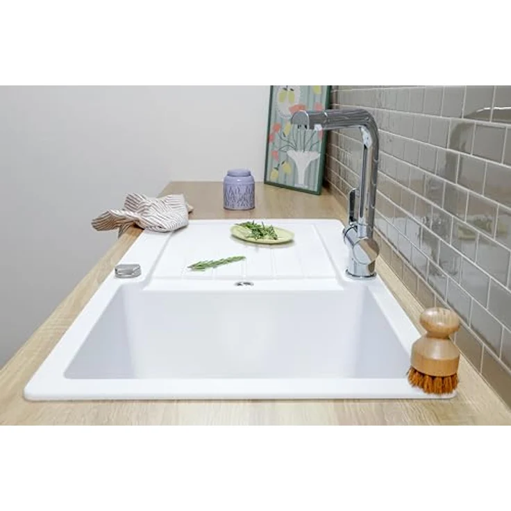 Respekta Austin Massivgranit Spüle 86 x 50, hitzebeständig, abgeschrägte Abtropffläche, Einbau- und Unterbaumontage, 1 Becken, für Unterschränke ab 45 cm Breite, Weiß – Bild 4