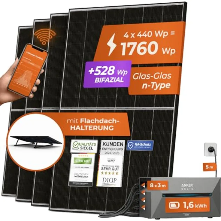 Solarway All In One Speicher Balkonkraftwerk 1760W mit Anker Solix 2 PRO Speicher - 440W Solarmodule - Flachdach Halterung