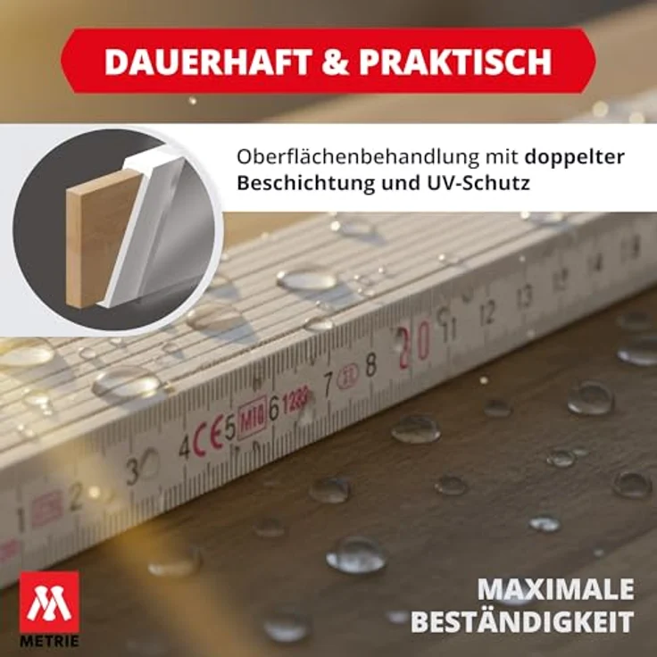 M METRIE Metrie™ PERFEKT 5 Zollstock, 1m Gliedermaßstab in Weiß/Gelb mit Duplex Teilung, 20 Stück, robuste Stahlgelenke mit Messing-Finish, Hergestellt in der EU – Bild 4