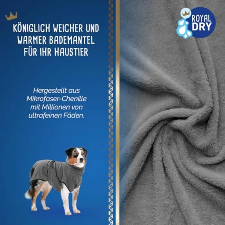 Royal Dry XL Bademantel für Hunde, Mikrofaser-Handtuch, Rückenlänge 70-80 cm, grau, schnell trocknend mit Klettverschluss – Bild 3