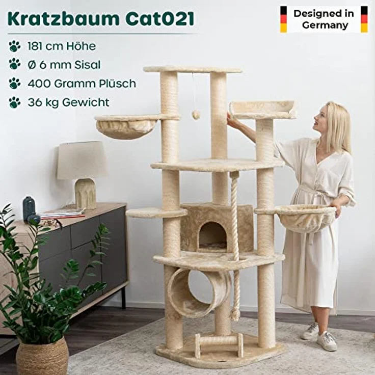 HAPPYPET Kratzbaum für Katzen groß 181 cm hoch - Stabiler Kletterbaum Katzenbaum, Dicke Stämme mit 11 cm, Haus & Spieltunnel, große Liegemulden, Spietau mit Kratzrolle, Creme - Preisvergleich – Bild 2