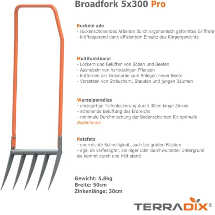 TERRADIX Broadfork 5x300 - optimal zum Tiefenlockern und Aerifizieren - Grabegabel Spatengabel Forke - Arbeitsbreite 50cm - Zinkenlänge 30cm – Bild 2