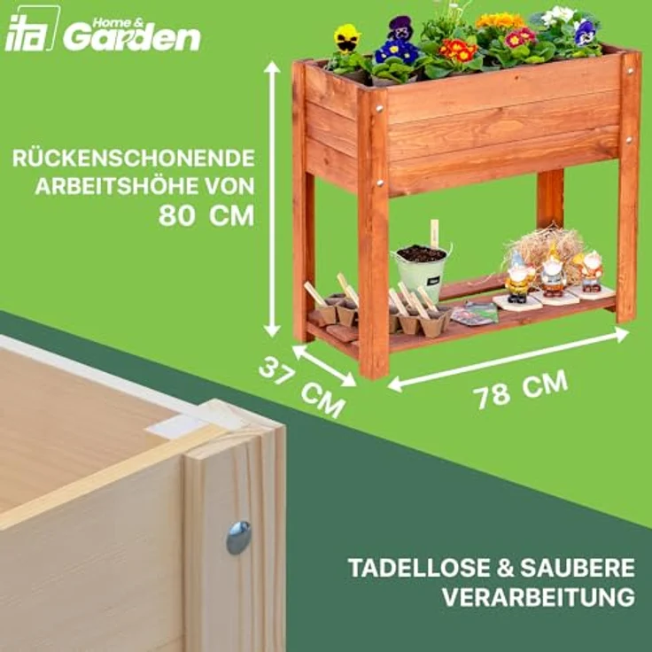 ITA Hochbeet aus Holz 80x37x78 cm - Pflanzkasten mit Ablageboden & Innenfolie - Made in EU - FSC Kiefernholz - Grau – Bild 3